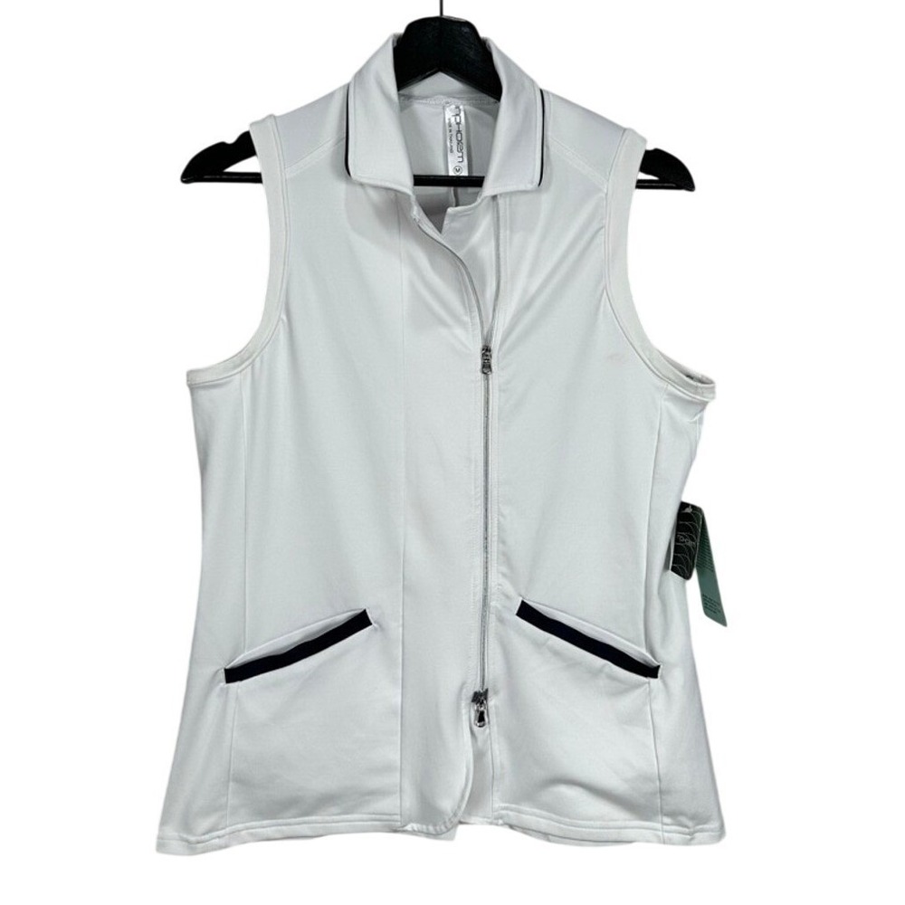 INPHORM Women's White Sleeveless Full Zip Vest with Navy Trim‎ Size M NWT